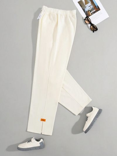 SHEIN Teenage Boys' Comfortable Solid Color Slit Cuff Woven Label Straight Pants For Leisure