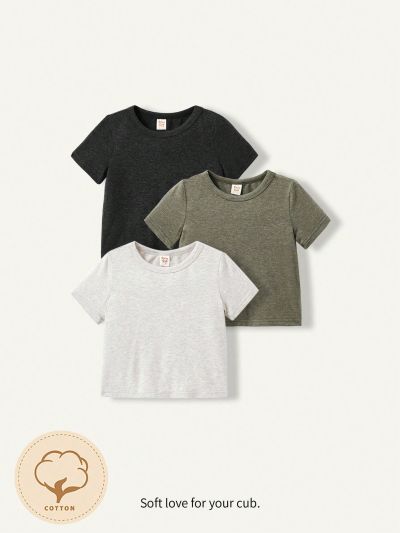 Cozy Cub 3pcs Baby Boy Knitted Soft Solid Color Round Neck Short Sleeve T-Shirt Set
