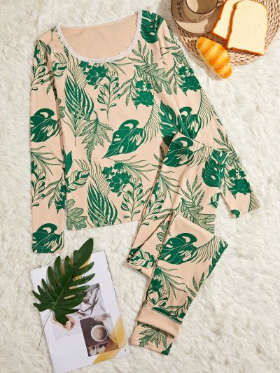 Tropical Print Lace Trim Thermal Underwear Set
