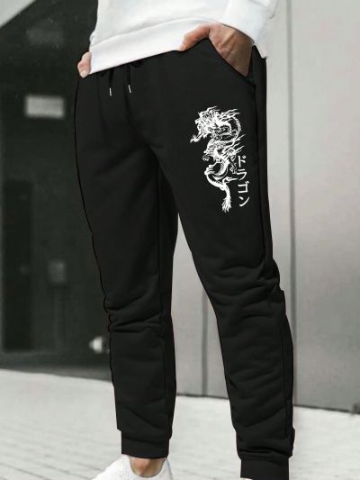 Men Plus Japanese Letter & Dragon Graphic Drawstring Waist Sweatpants