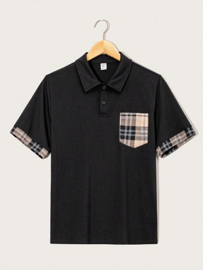 SHEIN Teen Boys' Casual Plaid Patchwork Short Sleeve Knit Polo Shirt