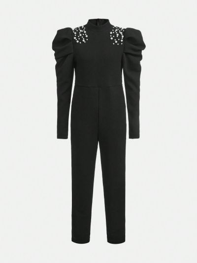 SHEIN Tween Girl Pearls Beaded Gigot Sleeve Mock Neckline Jumpsuit