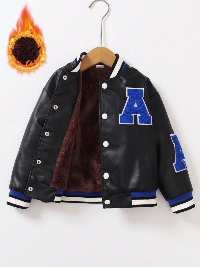 SHEIN Kids HYPEME Young Boy Letter Patched Striped Trim Plush Lined PU Leather Jacket
