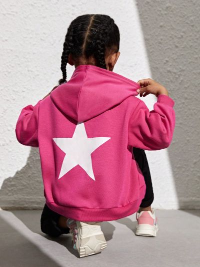 SHEIN Kids Cooltwn Young Girl's Sporty Street Style Star Pattern Zip-Up Hoodie