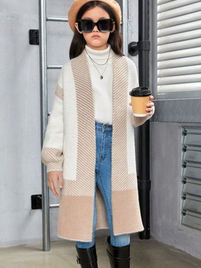 SHEIN Tween Girl Colorblock Drop Shoulder Open Front Cardigan