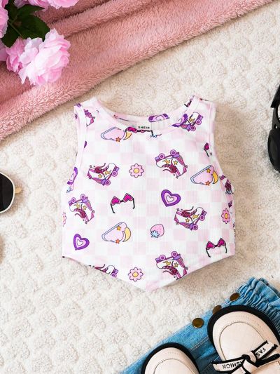 SHEIN Little Girls' Knit Round Neck Sleeveless Short Slim Fit Vest Top
