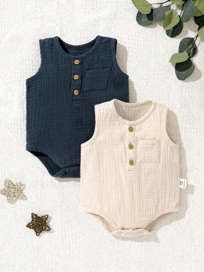 SHEIN 2pcs Newborn Baby Boys' Solid Color Sleeveless Romper With Half Button Placket, Round Neckline