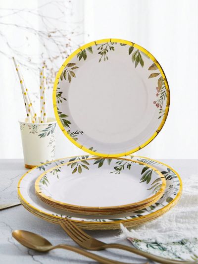 12pcs/set Plant Pattern Disposable Plate, Simple Disposable Paper Plate For Dinner Table