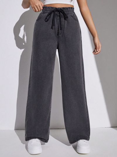SHEIN Teen Girl Drawstring High Waist Slant Pocket Loose Fit Summer Jeans Wide Leg Denim Pants Grey Washed Baggy Jeans