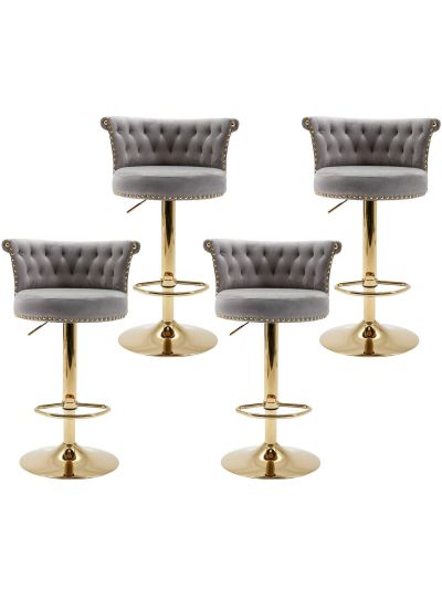 Velvet Bar Stools Set of 4, Modern Swivel Adjustable Counter Height Gold Barstools with Backs, Upholstered Tufted Bar Chairs with Nailheads for Kitchen Island Counter Stools