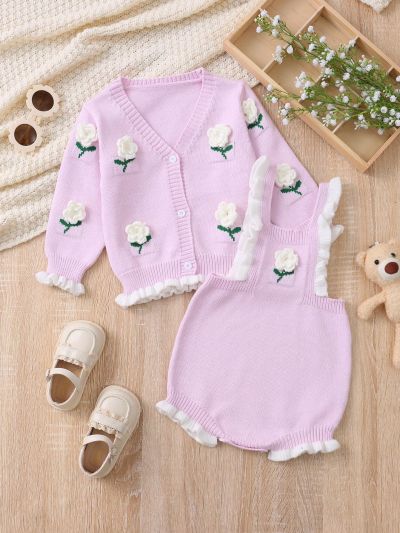 Baby Girls' Cardigan And Romper Set With Flower Pattern