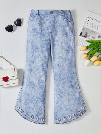SHEIN Tween Girls' Slim Fit College-Style Elastic Waist Faux Denim Slub Twill Printed Pearl Detail Irregular Hem Pants