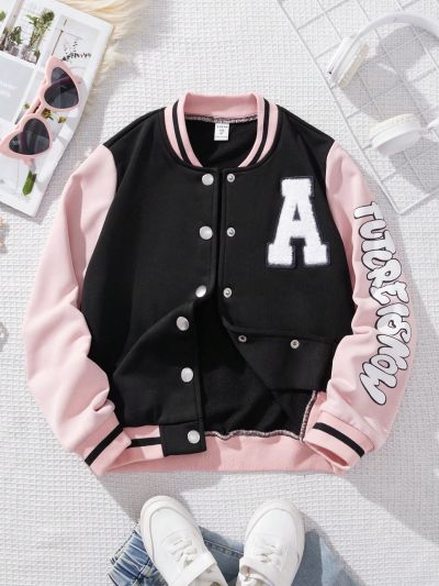 SHEIN Big Girls' Varsity Jacket With Letter Patchwork And Color Block Design