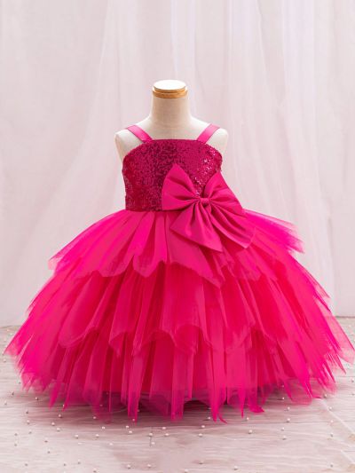 Little Girls' Glitter Mesh Spliced Butterfly Bowknot Adorned Party Dress With Spaghetti Straps