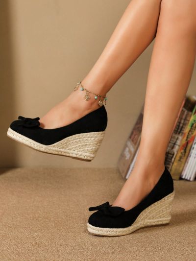 Women's Minimalist Ankle Strap Espadrille Sandals, Vacation Black Suede & Braided Rope Sole Lady Wedge Heels Thick Bottom Shoes