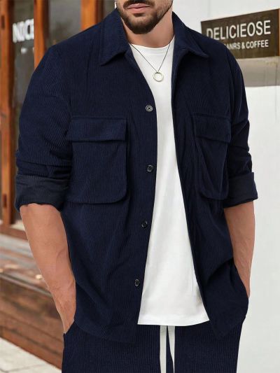 Manfinity Homme Men's Solid Colored Button-Down Shacket With Flap Pockets