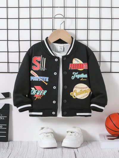 SHEIN Baby Boy Letter Graphic Striped Trim Varsity Jacket Without Tee