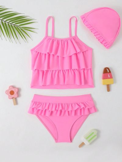 Young Girl Layered Ruffle Trim Cute Tankini Swimsuit With Hat