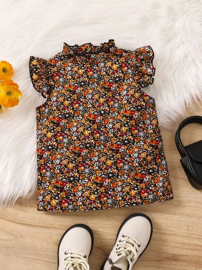 SHEIN Kids EVRYDAY Toddler Girls' Floral Printed Ruffle Hem Top With All-over Print