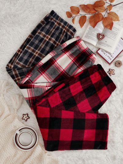 Plus 3pcs Christmas Plaid Print Elastic Waist Sleep Pants