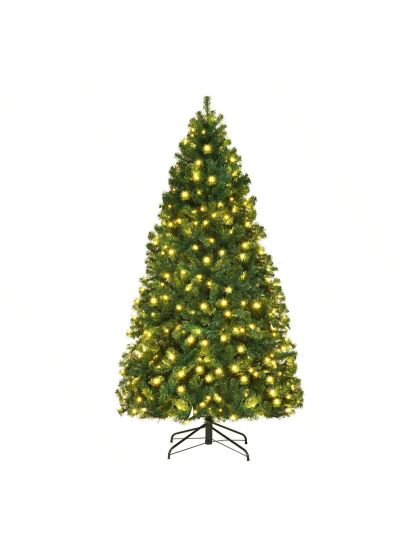 Gymax Pre-Lit PVC 7' Artificial Christmas Tree Hinged LED Lights Metal Stand