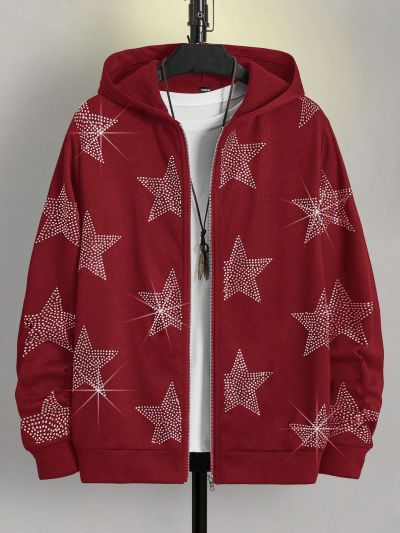 Manfinity Men's Knitted Leisure Sweatshirt With Zipper & Hood And Rhinestone Decorated Five-Pointed Star Pattern