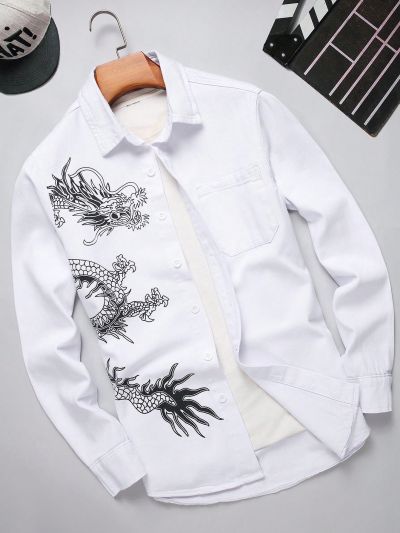 Men Dragon Print Pocket Patched Denim Shirt Without Tee