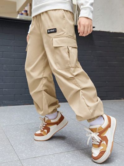 SHEIN Teen Boys' Casual Loose Fit English Label Drawstring Jogger Pants