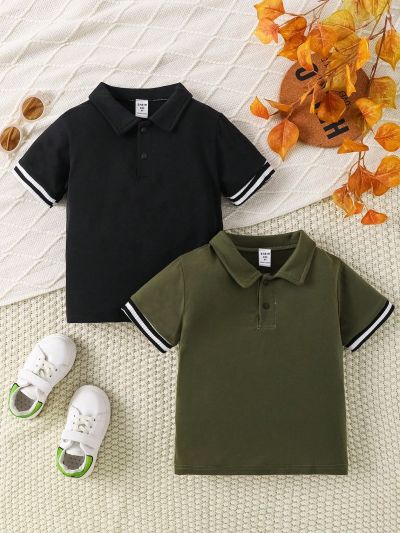 SHEIN 2pcs/set Toddler Boys' Striped Sleeve Hem Polo Shirt