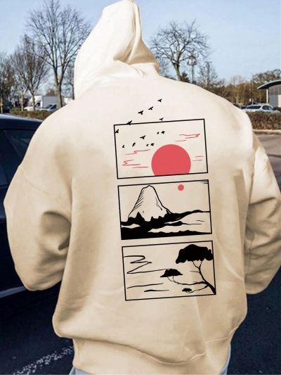 Manfinity Hypemode Men's Casual Mountain & Sun Pattern Hoodie