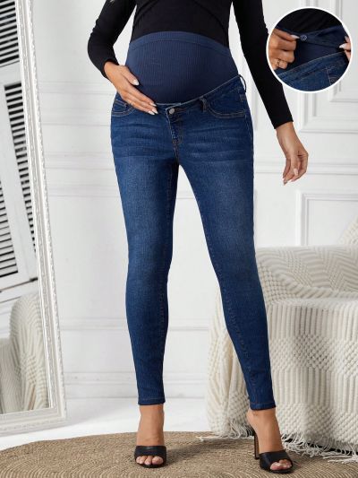SHEIN Maternity Supportive Adjustable Waist Slim Fit Jeans