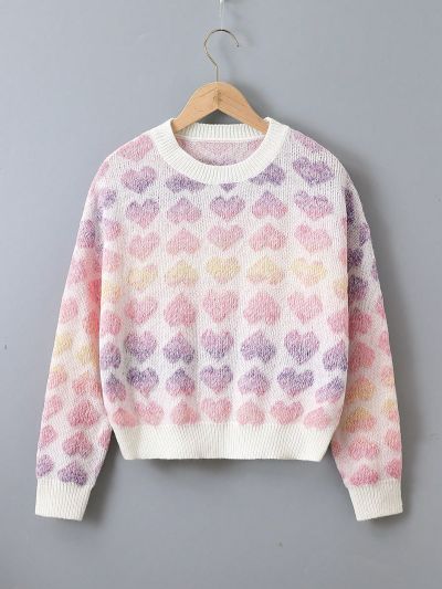 Teen Girl Heart Pattern Drop Shoulder Sweater
