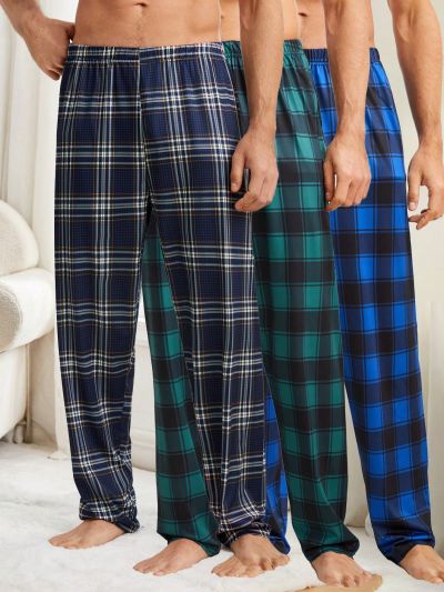 3pcs/Set Men's Plaid Home Wear Bottoms