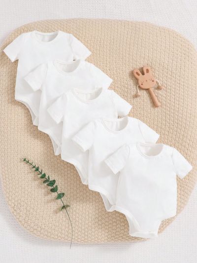 SHEIN Newborn Baby Boy Casual Solid Color Round Neck Short Sleeve Bodysuit 5pcs/Set