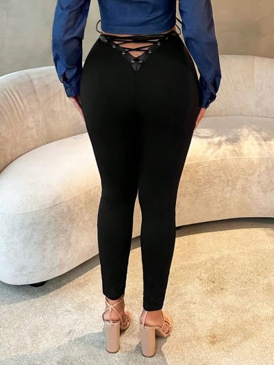 SHEIN SXY Solid Color Leggings With Tie On The Back Spring Summer Women Clothes Bachelorette Party Spring Break Birthday Outfit Valentine Day Sexy Outfits