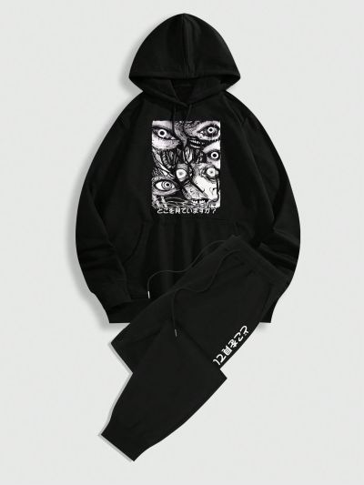 ROMWE Goth Men's Eye Print Hooded Sweatshirt And Trousers Set