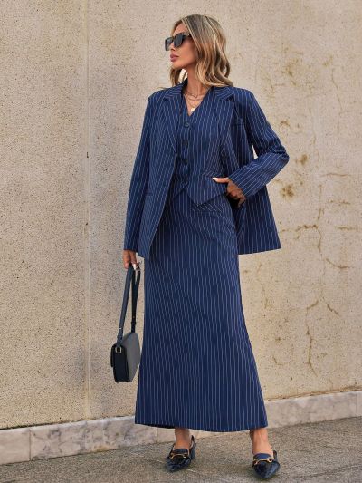 SHEIN Privé Women's Striped Long Sleeve Blazer Vest And Skirt Three Piece Suit