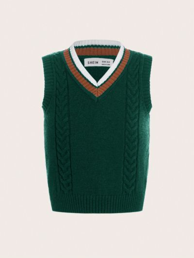 SHEIN Kids Academe Toddler Boys' Striped V-neck Knit Sweater Vest With Minimalist College Style
