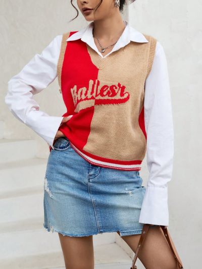 SHEIN Qutie Letter Pattern Colorblock Sweater Vest Without Blouse