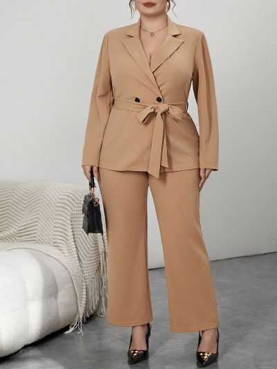 SHEIN Privé Plus Double Button Belted Blazer & Pants
