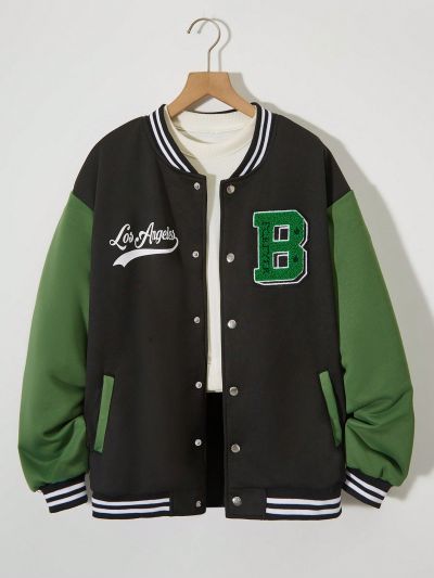 Teenage Boys' Letter Patchwork Contrast Color Baseball Jacket