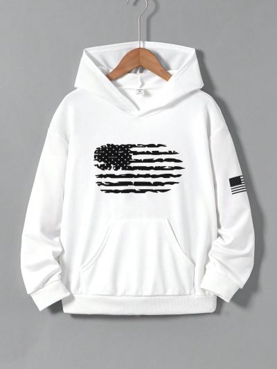 SHEIN Kids Academe Tween Boys' American Flag Printed Casual Hooded Long Sleeve Sweatshirt