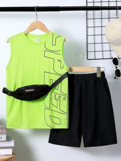 SHEIN 3pcs/Set Boys' Loose Fit Casual Print Style Tank Top, Shorts & Fanny Pack Sports Outfits For Kids