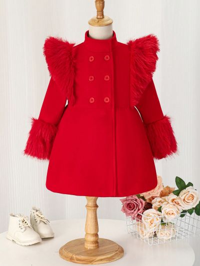 SHEIN Kids Nujoom Young Girl Fuzzy Trim Double Breasted Overcoat