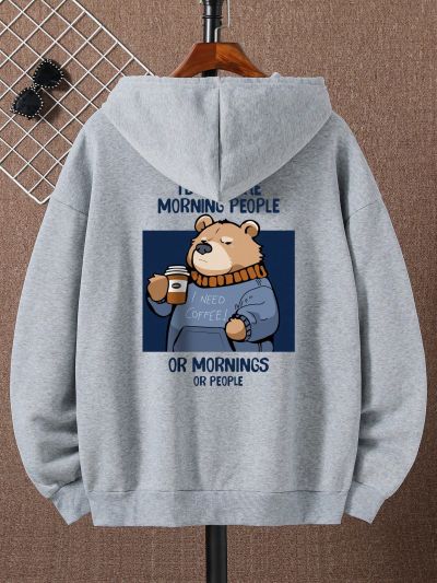 Men's Plus Size Cartoon Letter Print Drawstring Hooded Fleece Sweatshirt