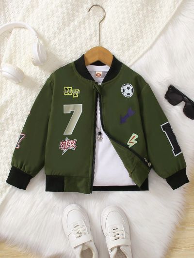 SHEIN Toddler Boys' Casual Printed & Embroidered Long Sleeve Regular Fit Jacket For Daily Wear In Autumn And Winter