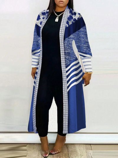 Plus Size Women'S Patchwork Printed Open Front Coat