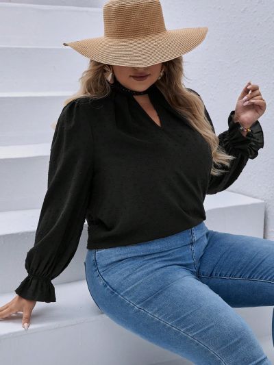 SHEIN VCAY Plus Size Keyhole Neckline Ruffle Sleeve Top