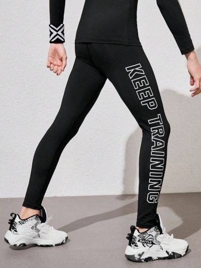 Teenage Boys' Outdoor Sports Yoga Pants, Black & White Letter Print, High Elasticity, Suitable For Running, Cycling, Hiking, Indoor Training, Etc.
