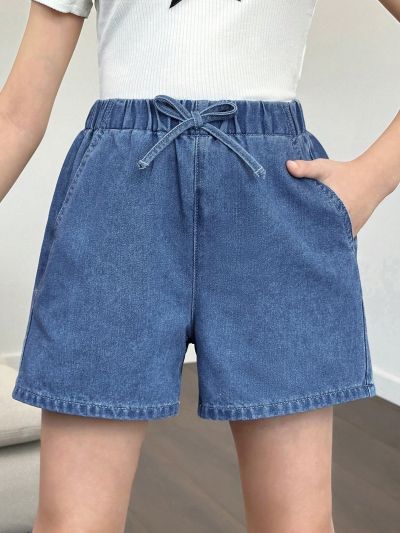 SHEIN Tween Girls Spring Summer Soft Washed Denim Shorts With Comfortable Fit